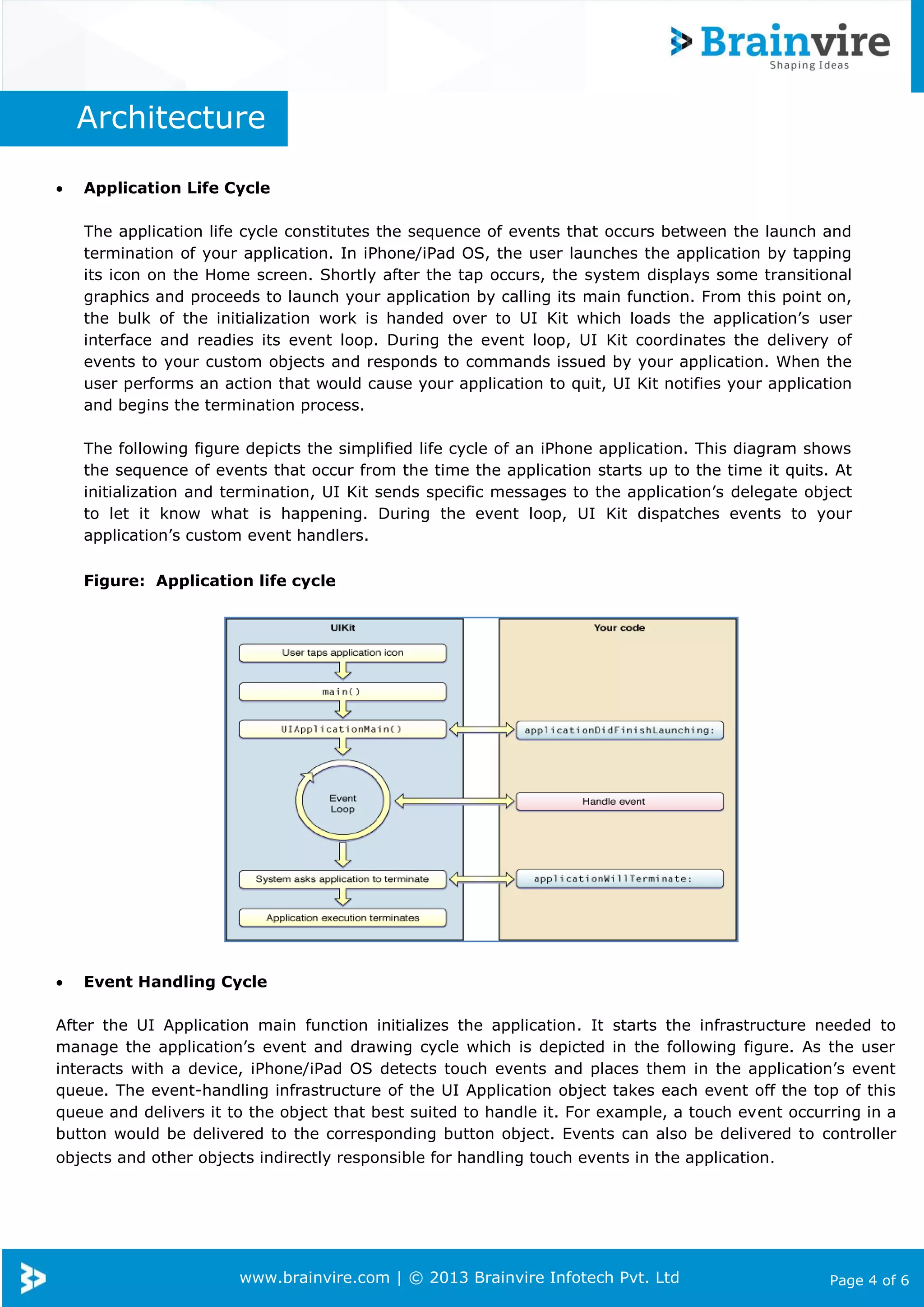 www.brainvire.com | © 2013 Brainvire Infotech Pvt. Ltd Page 4 of 6
Architecture
 Application Life Cycle
The application life cycle constitutes the sequence of events that occurs between the launch and
termination of your application. In iPhone/iPad OS, the user launches the application by tapping
its icon on the Home screen. Shortly after the tap occurs, the system displays some transitional
graphics and proceeds to launch your application by calling its main function. From this point on,
the bulk of the initialization work is handed over to UI Kit which loads the application’s user
interface and readies its event loop. During the event loop, UI Kit coordinates the delivery of
events to your custom objects and responds to commands issued by your application. When the
user performs an action that would cause your application to quit, UI Kit notifies your application
and begins the termination process.
The following figure depicts the simplified life cycle of an iPhone application. This diagram shows
the sequence of events that occur from the time the application starts up to the time it quits. At
initialization and termination, UI Kit sends specific messages to the application’s delegate object
to let it know what is happening. During the event loop, UI Kit dispatches events to your
application’s custom event handlers.
Figure: Application life cycle
 Event Handling Cycle
After the UI Application main function initializes the application. It starts the infrastructure needed to
manage the application’s event and drawing cycle which is depicted in the following figure. As the user
interacts with a device, iPhone/iPad OS detects touch events and places them in the application’s event
queue. The event-handling infrastructure of the UI Application object takes each event off the top of this
queue and delivers it to the object that best suited to handle it. For example, a touch event occurring in a
button would be delivered to the corresponding button object. Events can also be delivered to controller
objects and other objects indirectly responsible for handling touch events in the application.
 