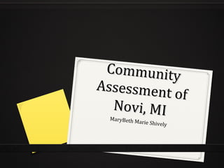 Community
Assessment
           of
  Novi, MI
 MaryBeth M
           arie Shively
 