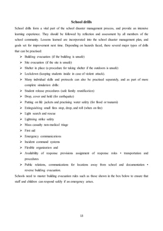 13
School drills
School drills form a vital part of the school disaster management process, and provide an intensive
learning experience. They should be followed by reflection and assessment by all members of the
school community. Lessons learned are incorporated into the school disaster management plan, and
goals set for improvement next time. Depending on hazards faced, there several major types of drills
that can be practised:
 Building evacuation (if the building is unsafe)
 Site evacuation (if the site is unsafe)
 Shelter in place (a procedure for taking shelter if the outdoors is unsafe)
 Lockdown (keeping students inside in case of violent attack).
 Many individual skills and protocols can also be practised separately, and as part of more
complete simulation drills:
 Student release procedures (safe family reunification)
 Drop, cover and hold (for earthquake)
 Putting on life jackets and practising water safety (for flood or tsunami)
 Extinguishing small fires stop, drop, and roll (when on fire)
 Light search and rescue
 Lightning strike safety
 Mass casualty non-medical triage
 First aid
 Emergency communications
 Incident command systems
 Flexible organization and
 Availability of response provisions assignment of response roles • transportation and
procedures
 Public relations, communications for locations away from school and documentation •
reverse building evacuation.
Schools need to master building evacuation rules such as those shown in the box below to ensure that
staff and children can respond safely if an emergency arises.
 