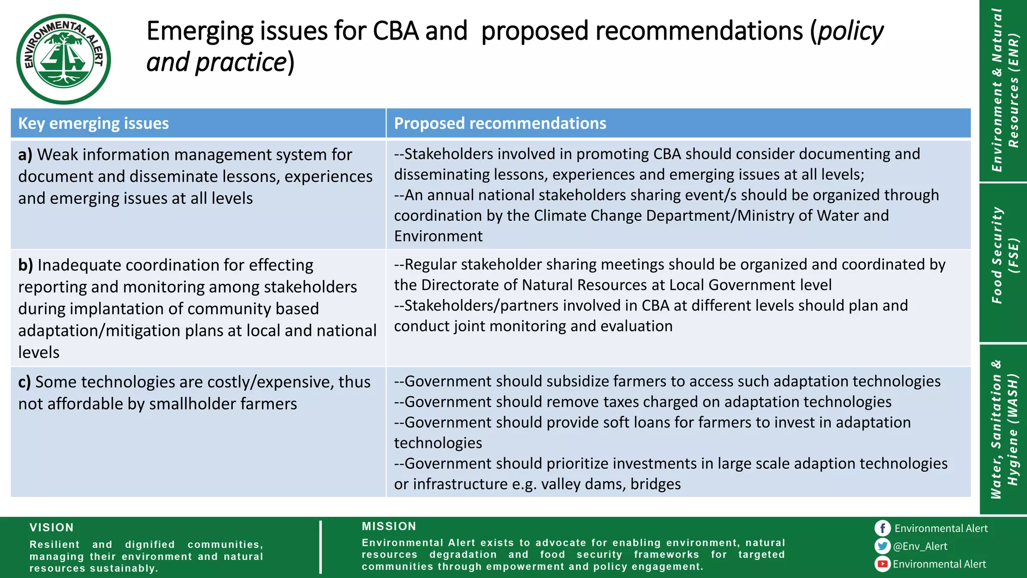 Emerging issues for CBA and proposed recommendations (policy
and practice)
Key emerging issues Proposed recommendations
a) Weak information management system for
document and disseminate lessons, experiences
and emerging issues at all levels
--Stakeholders involved in promoting CBA should consider documenting and
disseminating lessons, experiences and emerging issues at all levels;
--An annual national stakeholders sharing event/s should be organized through
coordination by the Climate Change Department/Ministry of Water and
Environment
b) Inadequate coordination for effecting
reporting and monitoring among stakeholders
during implantation of community based
adaptation/mitigation plans at local and national
levels
--Regular stakeholder sharing meetings should be organized and coordinated by
the Directorate of Natural Resources at Local Government level
--Stakeholders/partners involved in CBA at different levels should plan and
conduct joint monitoring and evaluation
c) Some technologies are costly/expensive, thus
not affordable by smallholder farmers
--Government should subsidize farmers to access such adaptation technologies
--Government should remove taxes charged on adaptation technologies
--Government should provide soft loans for farmers to invest in adaptation
technologies
--Government should prioritize investments in large scale adaption technologies
or infrastructure e.g. valley dams, bridges
 