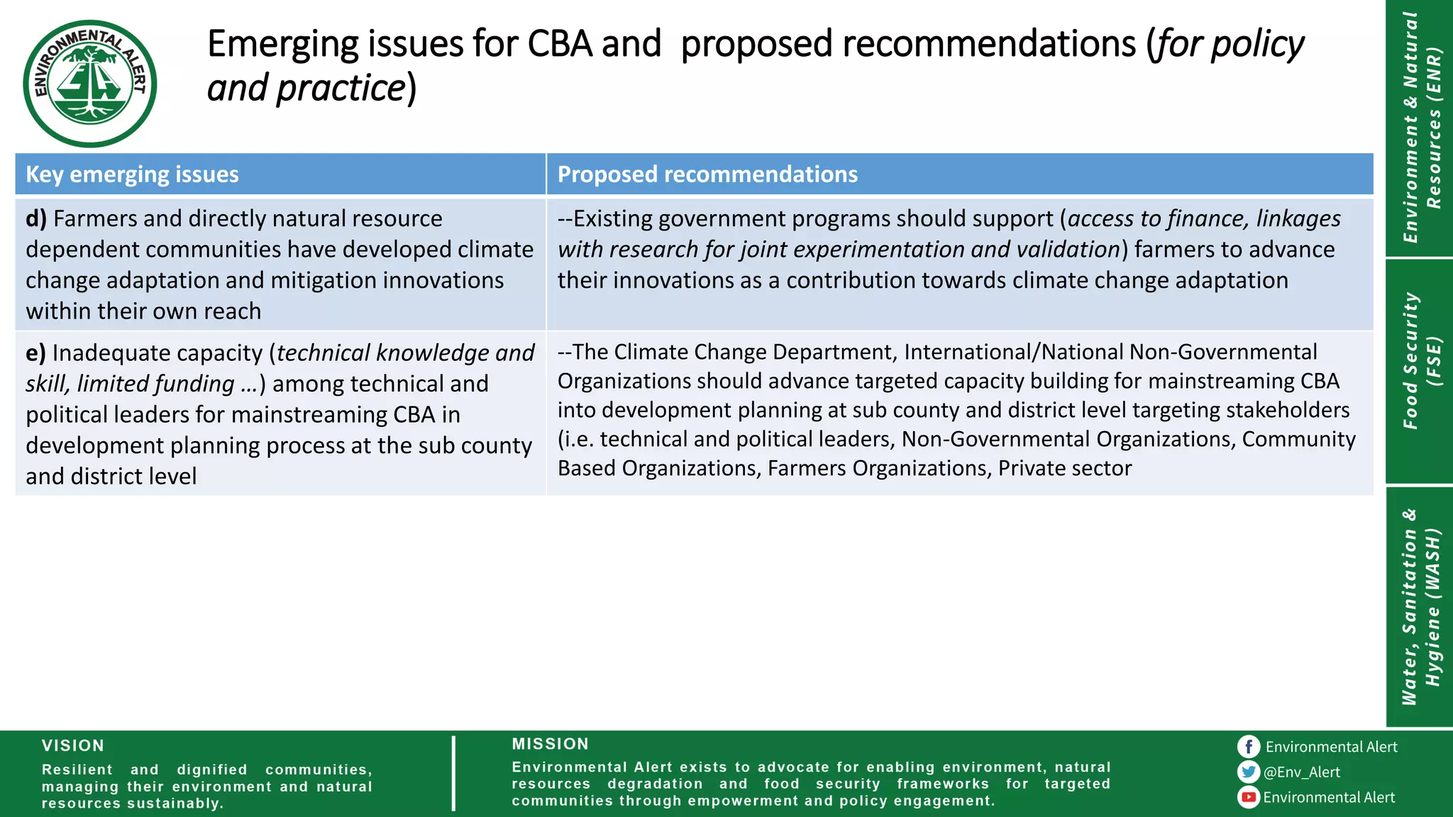 Emerging issues for CBA and proposed recommendations (for policy
and practice)
Key emerging issues Proposed recommendations
d) Farmers and directly natural resource
dependent communities have developed climate
change adaptation and mitigation innovations
within their own reach
--Existing government programs should support (access to finance, linkages
with research for joint experimentation and validation) farmers to advance
their innovations as a contribution towards climate change adaptation
e) Inadequate capacity (technical knowledge and
skill, limited funding …) among technical and
political leaders for mainstreaming CBA in
development planning process at the sub county
and district level
--The Climate Change Department, International/National Non-Governmental
Organizations should advance targeted capacity building for mainstreaming CBA
into development planning at sub county and district level targeting stakeholders
(i.e. technical and political leaders, Non-Governmental Organizations, Community
Based Organizations, Farmers Organizations, Private sector
 