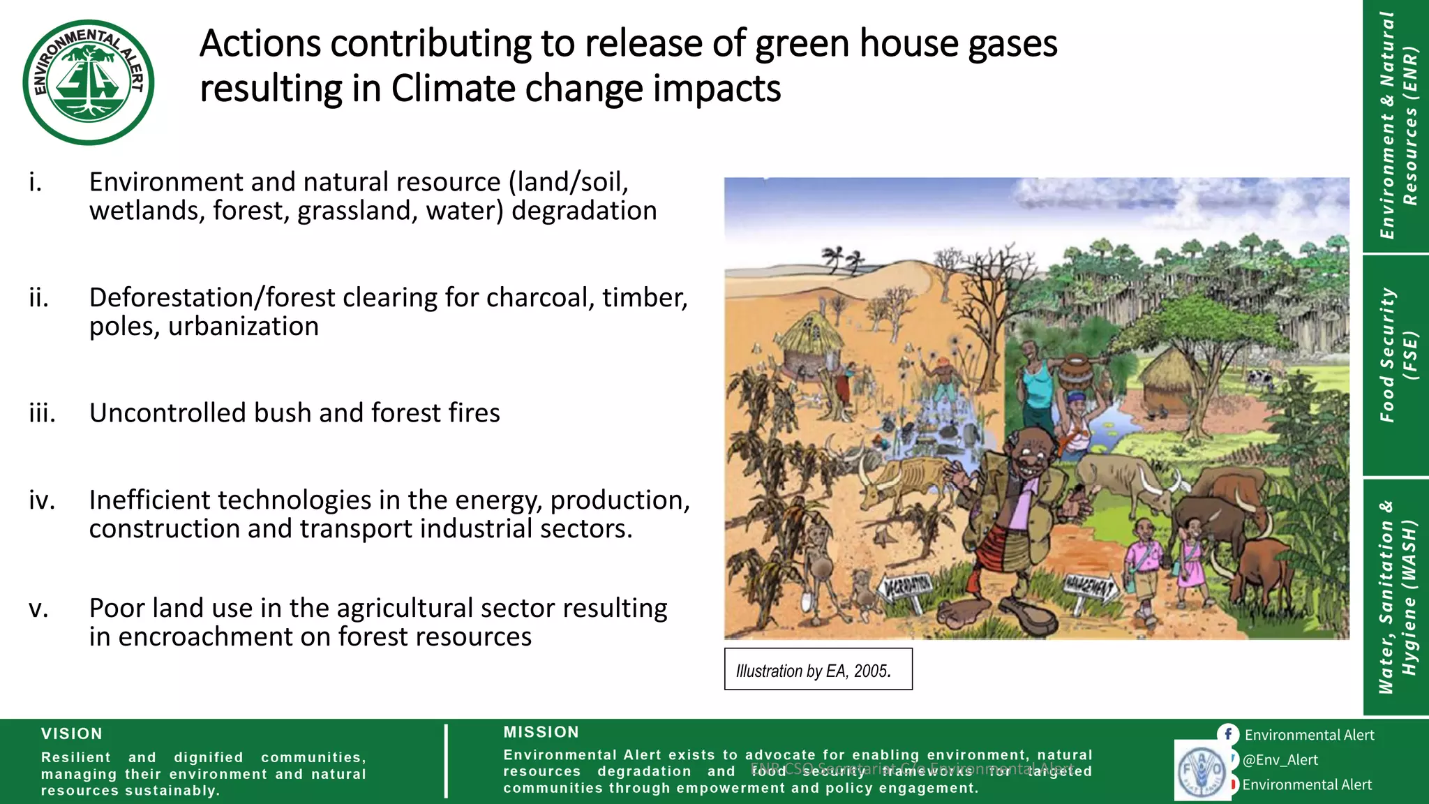 Actions contributing to release of green house gases
resulting in Climate change impacts
i. Environment and natural resource (land/soil,
wetlands, forest, grassland, water) degradation
ii. Deforestation/forest clearing for charcoal, timber,
poles, urbanization
iii. Uncontrolled bush and forest fires
iv. Inefficient technologies in the energy, production,
construction and transport industrial sectors.
v. Poor land use in the agricultural sector resulting
in encroachment on forest resources
ENR CSO Secretariat C/o Environmental Alert
Illustration by EA, 2005.
 