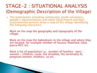  The participants including community, youth volunteers,
people’s representatives and other Government and Non-
Governmental persons draw a map of the village identifying
the following characters:
Mark on the map the geography and topography of the
village.
Mark on the map the habitations in the village and where they
are located, for example number of houses-thatched, tiled,
pucca RCC etc.
Mark a list of population i.e., number of families- men /
women / children, caste, the disabled, the terminally ill,
pregnant women, mothers, so on.
 