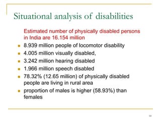 14
Situational analysis of disabilities
Estimated number of physically disabled persons
in India are 16.154 million
 8.939 million people of locomotor disability
 4.005 million visually disabled,
 3.242 million hearing disabled
 1.966 million speech disabled
 78.32% (12.65 million) of physically disabled
people are living in rural area
 proportion of males is higher (58.93%) than
females
 