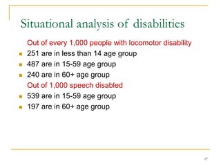 17
Situational analysis of disabilities
Out of every 1,000 people with locomotor disability
 251 are in less than 14 age group
 487 are in 15-59 age group
 240 are in 60+ age group
Out of 1,000 speech disabled
 539 are in 15-59 age group
 197 are in 60+ age group
 