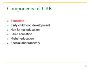 32
Components of CBR
 Education
 Early childhood development
 Non formal education
 Basic education
 Higher education
 Special and transitory
 