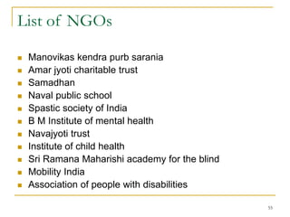 55
List of NGOs
 Manovikas kendra purb sarania
 Amar jyoti charitable trust
 Samadhan
 Naval public school
 Spastic society of India
 B M Institute of mental health
 Navajyoti trust
 Institute of child health
 Sri Ramana Maharishi academy for the blind
 Mobility India
 Association of people with disabilities
 