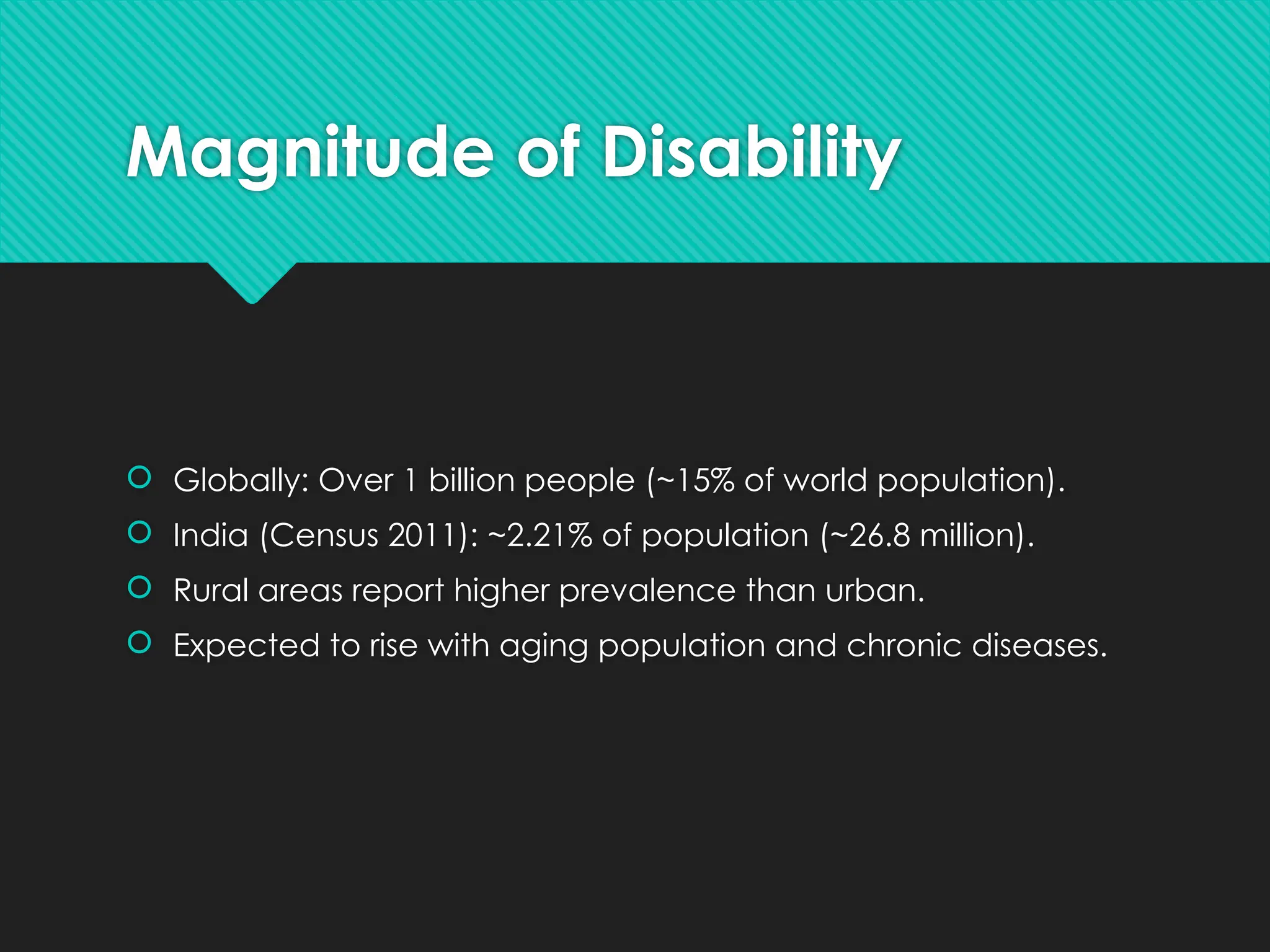 Magnitude of Disability
 Globally: Over 1 billion people (~15% of world population).
 India (Census 2011): ~2.21% of population (~26.8 million).
 Rural areas report higher prevalence than urban.
 Expected to rise with aging population and chronic diseases.
 