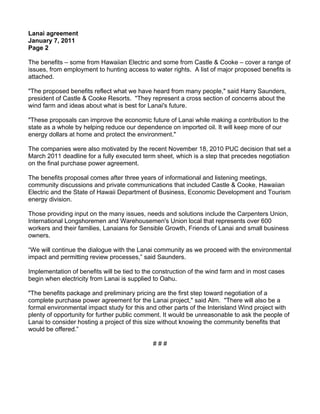 Lanai agreement
January 7, 2011
Page 2

The benefits – some from Hawaiian Electric and some from Castle & Cooke – cover a ...