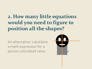 2. How many little equations 
would you need to figure to 
position all the shapes? 
An alternative: substitute 
a math expression for a 
person-calculated value. 
 