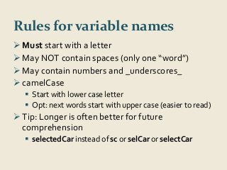 Rules for variable names 
Must start with a letter 
 May NOT contain spaces (only one “word”) 
May contain numbers and _underscores_ 
camelCase 
 Start with lower case letter 
 Opt: next words start with upper case (easier to read) 
 Tip: Longer is often better for future 
comprehension 
 selectedCar instead of sc or selCar or selectCar 
 