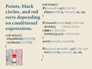 Points, black 
circles, and red 
rects depending 
on conditional 
expressions. 
void setup() { 
ellipseMode(CENTER); 
rectMode(CENTER); 
} 
void draw() { 
if (mouseX < 10) { // far left 
ellipse (width/2, mouseY, 20, 20); 
} 
if (mouseX < width/2) { // left side 
stroke(0); // black stroke 
} else { // right side 
stroke(255,0,0); //red stroke 
} 
point(mouseX, mouseY); 
if (mouseX >= width - 10) { // far right 
rect (width/2, mouseY, 20, 20); 
} 
} 
 