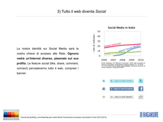 3) Tutto il web diventa Social



                                                                                                                             Social Media in Italia
                                                                                                               50




                                                                                        – mln di individui –
                                                                                                               40

                                                                                                               30
                                                                                                                                      e      t
                                                                                                                                Intern
                                                                                                               20       U tenti                                 edia
La nostra identità sui Social Media sarà la                                                                                                             oci al M
                                                                                                                                            iS
                                                                                                               10                    U tent
nostra chiave di accesso alla Rete. Ognuno                                                                              Utenti e -commerce
                                                                                                                0
vedrà un’Internet diversa, plasmata sul suo                                                                         2006        2007         2008        2009         2010
profilo. Le feature social (like, share, comment,                                                                   Fonte: Between, ICT Monitor Consumer, 2010, dati a giugno di
                                                                                                                    ciascun anno Base: popolazione italiana adulta (15-74 anni) –
                                                                                                                    45,9 mln Deﬁnizione Utenti Social Media: utilizzano almeno un
                                                                                                                    social network o blog personale
connect) pervaderanno tutto il web, compresi i
banner.




  Community Building | Una Roadmap per creare Brand Community di successo nei prossimi 5 anni (2010-2015)
 
