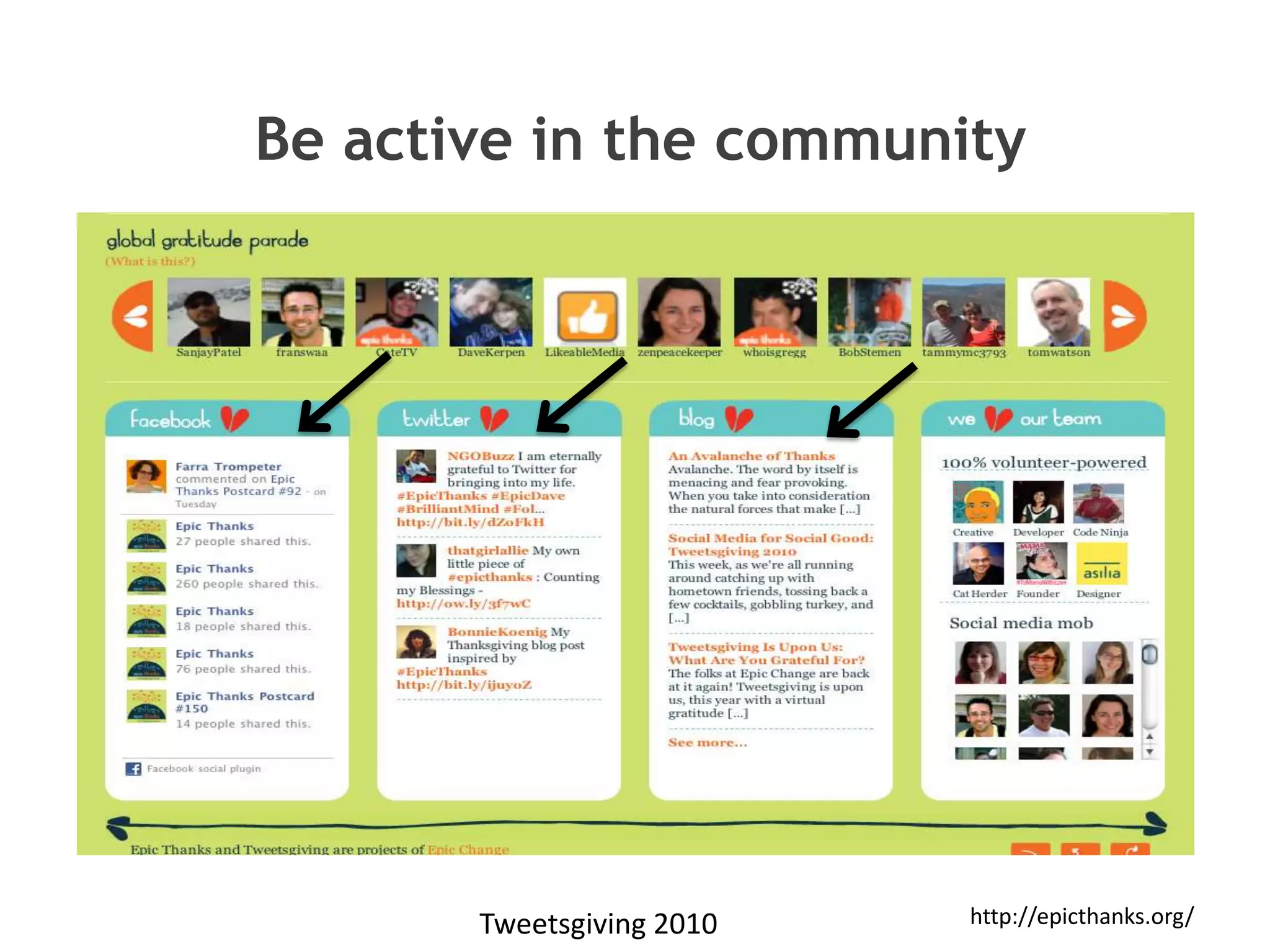 Be active in the communityhttp://epicthanks.org/Tweetsgiving 2010