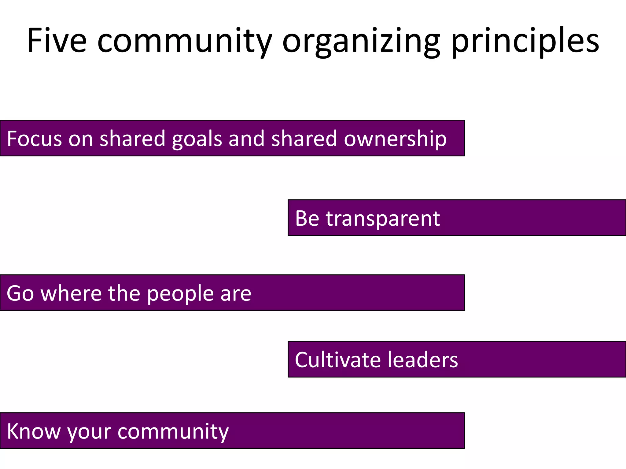 Five community organizing principlesFocus on shared goals and shared ownershipBe transparentGo where the people areCultivate leadersKnow your community