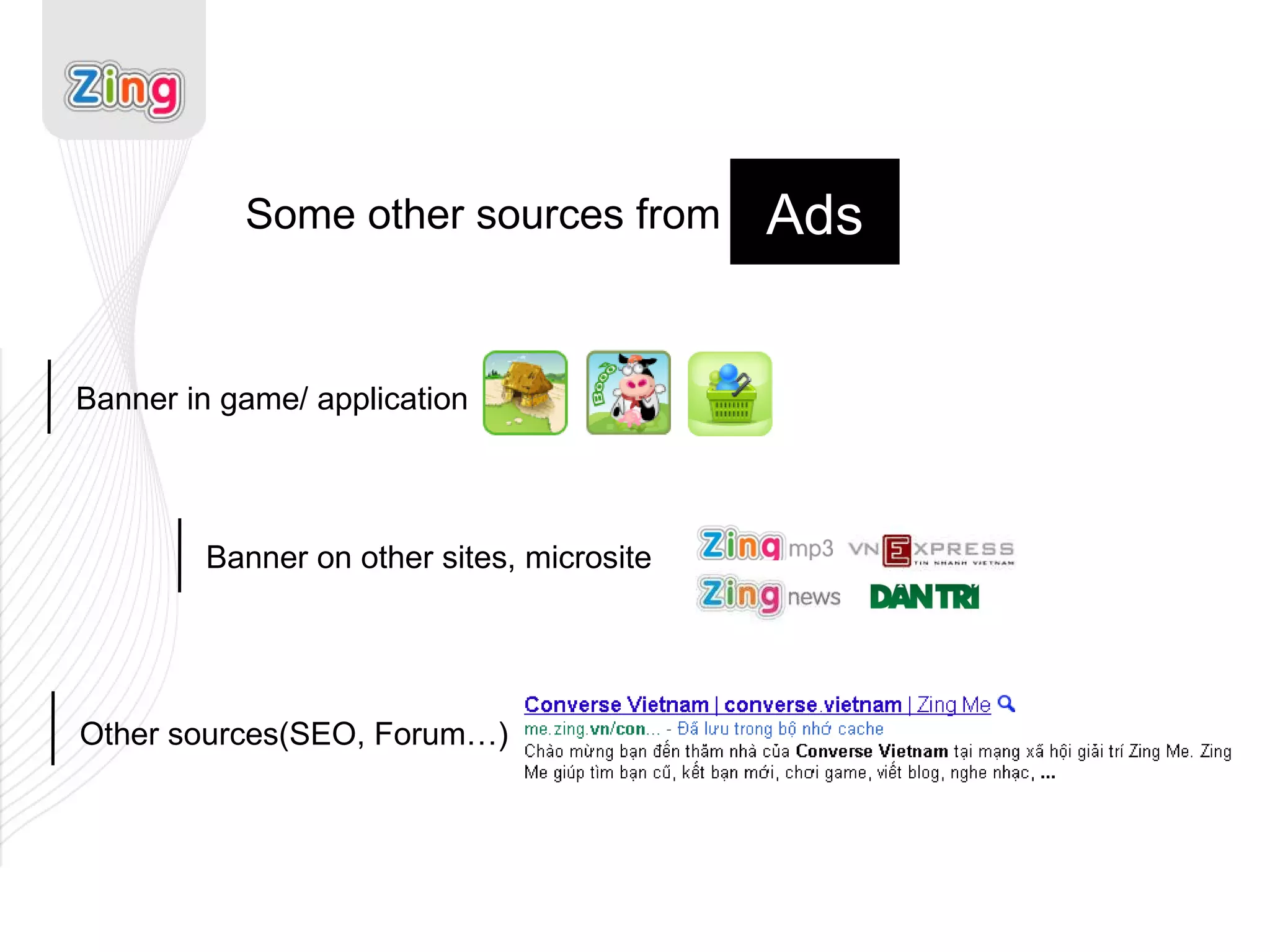 Some other sources from Banner in game/ application Banner on other sites, microsite Other sources(SEO, Forum…) Ads 