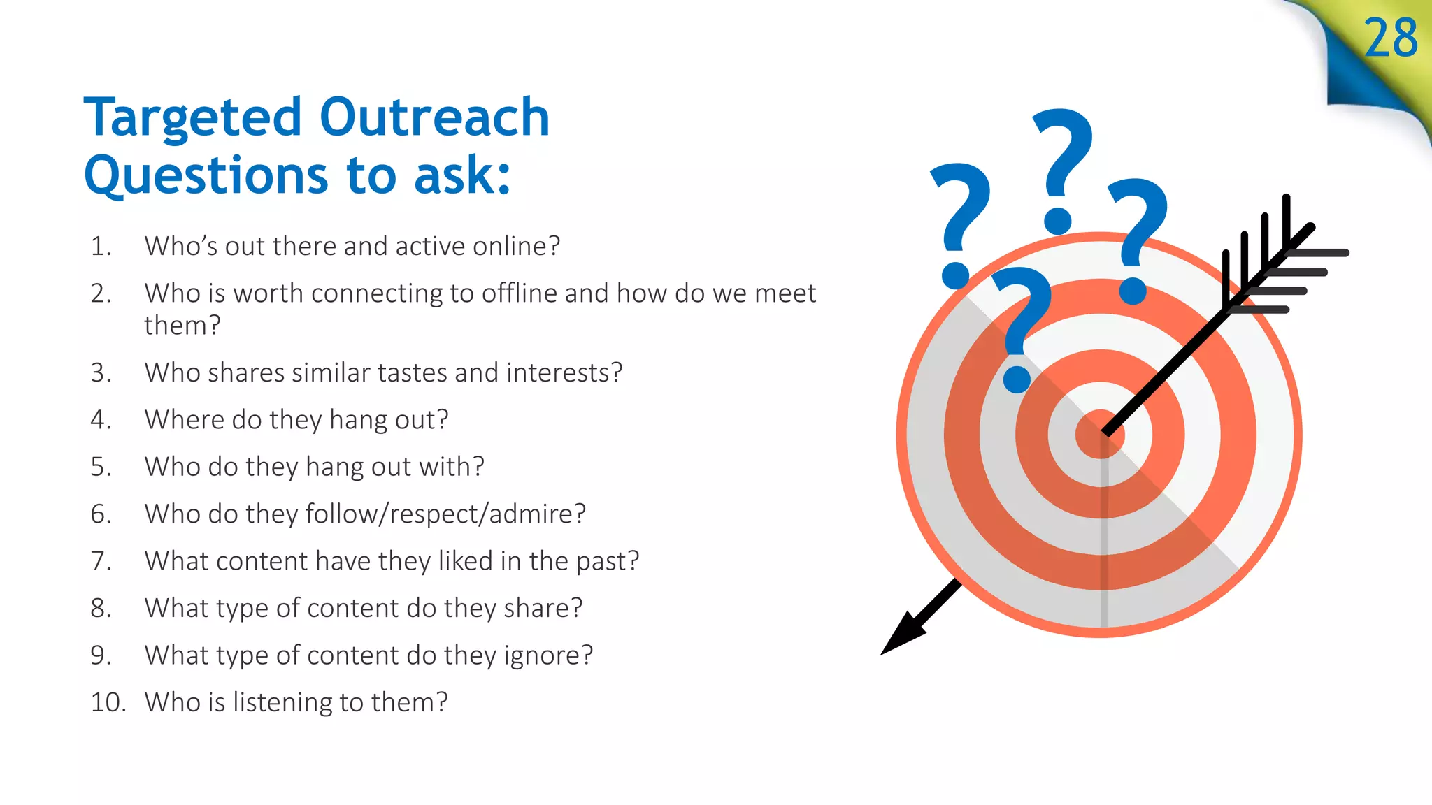 Targeted Outreach
Questions to ask:
1. Who’s out there and active online?
2. Who is worth connecting to offline and how do we meet
them?
3. Who shares similar tastes and interests?
4. Where do they hang out?
5. Who do they hang out with?
6. Who do they follow/respect/admire?
7. What content have they liked in the past?
8. What type of content do they share?
9. What type of content do they ignore?
10. Who is listening to them?
??
?
?
28
 