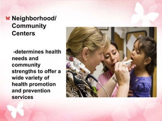 Neighborhood/
Community
Centers

-determines health
needs and
community
strengths to offer a
wide variety of
health promotion
and prevention
services
 