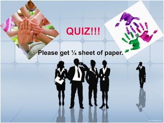 QUIZ!!!

Please get ¼ sheet of paper.
 