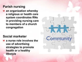 Parish nursing
 an organization whereby
 a religious or health care
 system coordinates RNs
 in providing nursing care
 to members of a church
 congregation


Social marketer
 a nurse role involves the
 use of advertising
 strategies to promote
 health or a healthy
 lifestyle
 