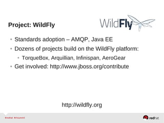 Project: WildFly
● Standards adoption – AMQP, Java EE
● Dozens of projects build on the WildFly platform:
● TorqueBox, Arquillian, Infinispan, AeroGear
● Get involved: http://www.jboss.org/contribute
http://wildfly.org
 