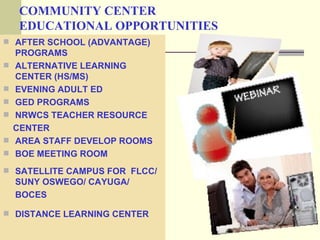 COMMUNITY CENTER
     EDUCATIONAL OPPORTUNITIES
 AFTER SCHOOL (ADVANTAGE)
    PROGRAMS
   ALTERNATIVE LEARNING
    CENTER (HS/MS)
   EVENING ADULT ED
   GED PROGRAMS
   NRWCS TEACHER RESOURCE
    CENTER
   AREA STAFF DEVELOP ROOMS
   BOE MEETING ROOM
 SATELLITE CAMPUS FOR FLCC/
    SUNY OSWEGO/ CAYUGA/
    BOCES

 DISTANCE LEARNING CENTER
 