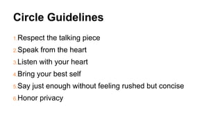 Circle Guidelines
1.Respect the talking piece
2.Speak from the heart
3.Listen with your heart
4.Bring your best self
5.Say just enough without feeling rushed but concise
6.Honor privacy
 