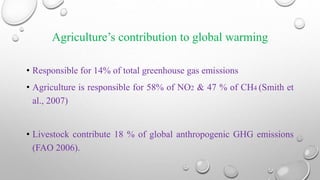 Agriculture’s contribution to global warming
• Responsible for 14% of total greenhouse gas emissions
• Agriculture is responsible for 58% of NO2 & 47 % of CH4 (Smith et
al., 2007)
• Livestock contribute 18 % of global anthropogenic GHG emissions
(FAO 2006).
 