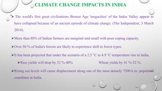 CLIMATE CHANGE IMPACTS IN INDIA
 The world's first great civilisations Bronze Age 'megacities' of the Indus Valley appear to
have collapsed because of an ancient episode of climate change. (The Independent, 3 March
2014).
More than 80% of Indian farmers are marginal and small with poor coping capacity.
Over 50 % of India's forests are likely to experience shift in forest types.
It has been projected that under the scenario of a 2.5 °C to 4.9 °C temperature rise in India,
Rice yields will drop by 32 %-40% Wheat yields by 41 %-52 %.
Rising sea levels will cause displacement along one of the most densely 7500 k.m. populated
coastlines in India.
 
