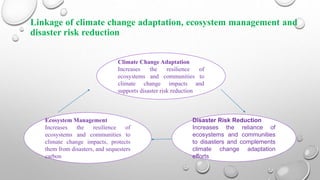 Linkage of climate change adaptation, ecosystem management and
disaster risk reduction
Climate Change Adaptation
Increases the resilience of
ecosystems and communities to
climate change impacts and
supports disaster risk reduction
Ecosystem Management
Increases the resilience of
ecosystems and communities to
climate change impacts, protects
them from disasters, and sequesters
carbon
Disaster Risk Reduction
Increases the reliance of
ecosystems and communities
to disasters and complements
climate change adaptation
efforts
 