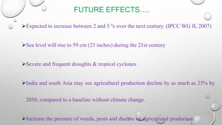 FUTURE EFFECTS….
Expected to increase between 2 and 5 ºc over the next century. (IPCC WG II, 2007)
Sea level will rise to 59 cm (23 inches) during the 21st century
Severe and frequent droughts & tropical cyclones .
India and south Asia may see agricultural production decline by as much as 25% by
2050, compared to a baseline without climate change.
Increase the pressure of weeds, pests and disease on agricultural production.
 