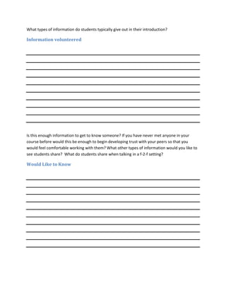 What types of information do students typically give out in their introduction?

Information volunteered




Is this enough information to get to know someone? If you have never met anyone in your
course before would this be enough to begin developing trust with your peers so that you
would feel comfortable working with them? What other types of information would you like to
see students share? What do students share when talking in a f-2-f setting?

Would Like to Know
 