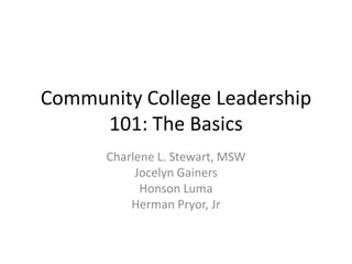 Community College Leadership
     101: The Basics
      Charlene L. Stewart, MSW
           Jocelyn Gainers
            Honson Luma
          Herman Pryor, Jr
 