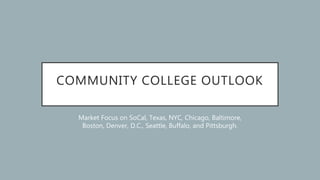 COMMUNITY COLLEGE OUTLOOK
Market Focus on SoCal, Texas, NYC, Chicago, Baltimore,
Boston, Denver, D.C., Seattle, Buffalo, and Pittsburgh.
 