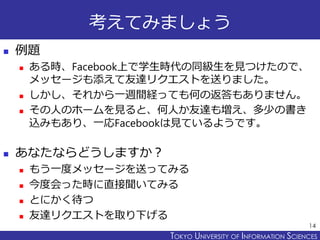 TOKYO JOHO UNIVERSITYTOKYO UNIVERSITY OF INFORMATION SCIENCES
考えてみましょう
 例題
 ある時、Facebook上で学生時代の同級生を見つけたので、
メッセージも添えて友達リクエストを送りました。
 しかし、それから一週間経っても何の返答もありません。
 その人のホームを見ると、何人か友達も増え、多少の書き
込みもあり、一応Facebookは見ているようです。
 あなたならどうしますか？
 もう一度メッセージを送ってみる
 今度会った時に直接聞いてみる
 とにかく待つ
 友達リクエストを取り下げる
14
 