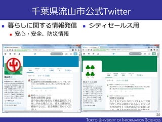 TOKYO JOHO UNIVERSITYTOKYO UNIVERSITY OF INFORMATION SCIENCES
千葉県流山市公式Twitter
 暮らしに関する情報発信
 安心・安全、防災情報
25
 シティセールス用
 
