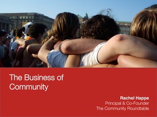 The Business of
Community

Rachel Happe!
Principal & Co-Founder
The Community Roundtable

 