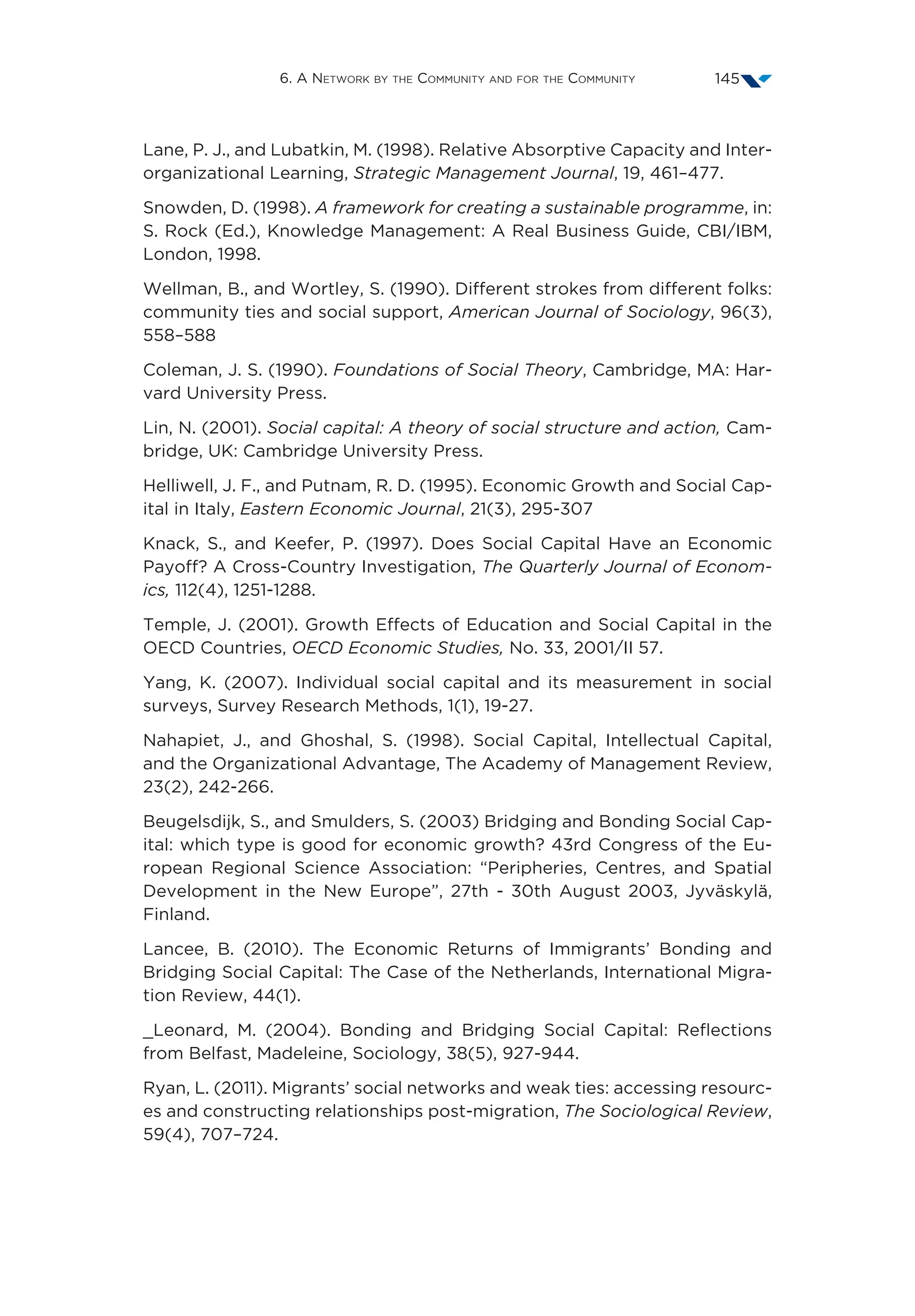 6. A Network by the Community and for the Community 145
Lane, P. J., and Lubatkin, M. (1998). Relative Absorptive Capacity and Inter-
organizational Learning, Strategic Management Journal, 19, 461–477.
Snowden, D. (1998). A framework for creating a sustainable programme, in:
S. Rock (Ed.), Knowledge Management: A Real Business Guide, CBI/IBM,
London, 1998.
Wellman, B., and Wortley, S. (1990). Different strokes from different folks:
community ties and social support, American Journal of Sociology, 96(3),
558–588
Coleman, J. S. (1990). Foundations of Social Theory, Cambridge, MA: Har-
vard University Press.
Lin, N. (2001). Social capital: A theory of social structure and action, Cam-
bridge, UK: Cambridge University Press.
Helliwell, J. F., and Putnam, R. D. (1995). Economic Growth and Social Cap-
ital in Italy, Eastern Economic Journal, 21(3), 295-307
Knack, S., and Keefer, P. (1997). Does Social Capital Have an Economic
Payoff? A Cross-Country Investigation, The Quarterly Journal of Econom-
ics, 112(4), 1251-1288.
Temple, J. (2001). Growth Effects of Education and Social Capital in the
OECD Countries, OECD Economic Studies, No. 33, 2001/II 57.
Yang, K. (2007). Individual social capital and its measurement in social
surveys, Survey Research Methods, 1(1), 19-27. 
Nahapiet, J., and Ghoshal, S. (1998). Social Capital, Intellectual Capital,
and the Organizational Advantage, The Academy of Management Review,
23(2), 242-266. 
Beugelsdijk, S., and Smulders, S. (2003) Bridging and Bonding Social Cap-
ital: which type is good for economic growth? 43rd Congress of the Eu-
ropean Regional Science Association: “Peripheries, Centres, and Spatial
Development in the New Europe”, 27th - 30th August 2003, Jyväskylä,
Finland. 
Lancee, B. (2010). The Economic Returns of Immigrants’ Bonding and
Bridging Social Capital: The Case of the Netherlands, International Migra-
tion Review, 44(1). 
_Leonard, M. (2004). Bonding and Bridging Social Capital: Reflections
from Belfast, Madeleine, Sociology, 38(5), 927-944. 
Ryan, L. (2011). Migrants’ social networks and weak ties: accessing resourc-
es and constructing relationships post-migration, The Sociological Review,
59(4), 707–724. 
 