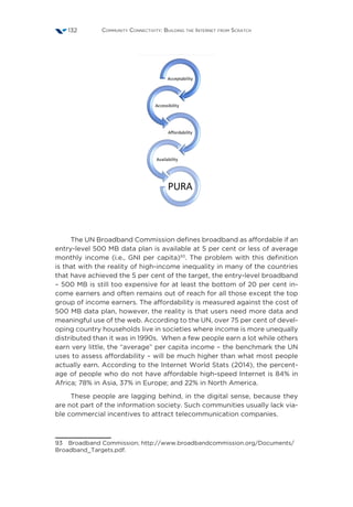 Community Connectivity: Building the Internet from Scratch132
The UN Broadband Commission defines broadband as affordable if an
entry-level 500 MB data plan is available at 5 per cent or less of average
monthly income (i.e., GNI per capita)93
. The problem with this definition
is that with the reality of high-income inequality in many of the countries
that have achieved the 5 per cent of the target, the entry-level broadband
– 500 MB is still too expensive for at least the bottom of 20 per cent in-
come earners and often remains out of reach for all those except the top
group of income earners. The affordability is measured against the cost of
500 MB data plan, however, the reality is that users need more data and
meaningful use of the web. According to the UN, over 75 per cent of devel-
oping country households live in societies where income is more unequally
distributed than it was in 1990s. When a few people earn a lot while others
earn very little, the “average” per capita income – the benchmark the UN
uses to assess affordability – will be much higher than what most people
actually earn. According to the Internet World Stats (2014), the percent-
age of people who do not have affordable high-speed Internet is 84% in
Africa; 78% in Asia, 37% in Europe; and 22% in North America.
These people are lagging behind, in the digital sense, because they
are not part of the information society. Such communities usually lack via-
ble commercial incentives to attract telecommunication companies.
93  Broadband Commission; http://www.broadbandcommission.org/Documents/
Broadband_Targets.pdf.
 