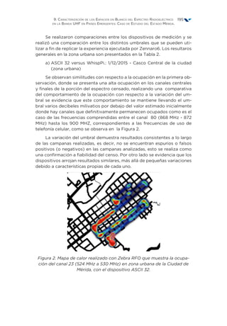 9. Caracterización de los Espacios en Blanco del Espectro Radioeléctrico
en la Banda UHF en Países Emergentes: Caso de Estudio del Estado Mérida.
195
Se realizaron comparaciones entre los dispositivos de medición y se
realizó una comparación entre los distintos umbrales que se pueden uti-
lizar a fin de replicar la experiencia ejecutada por Zennaro6. Los resultaros
generales en la zona urbana son presentados en la Tabla 2.
a) ASCII 32 versus WhispPi.: 1/12/2015 - Casco Central de la ciudad
(zona urbana)
Se observan similitudes con respecto a la ocupación en la primera ob-
servación, donde se presenta una alta ocupación en los canales centrales
y finales de la porción del espectro censado, realizando una comparativa
del comportamiento de la ocupación con respecto a la variación del um-
bral se evidencia que este comportamiento se mantiene llevando el um-
bral varios decibeles milivatios por debajo del valor estimado inicialmente
donde hay canales que definitivamente permanecen ocupados como es el
caso de las frecuencias comprendidas entre el canal 80 (868 MHz - 872
MHz) hasta los 900 MHZ, correspondientes a las frecuencias de uso de
telefonía celular, como se observa en la Figura 2.
La variación del umbral demuestra resultados consistentes a lo largo
de las campanas realizadas, es decir, no se encuentran espurios o falsos
positivos (o negativos) en las campanas analizadas, esto se realiza como
una confirmación a fiabilidad del censo. Por otro lado se evidencia que los
dispositivos arrojan resultados similares, más allá de pequeñas variaciones
debido a características propias de cada uno.
Figura 2. Mapa de calor realizado con Zebra RFO que muestra la ocupa-
ción del canal 23 (524 MHz a 530 MHz) en zona urbana de la Ciudad de
Mérida, con el dispositivo ASCII 32.
 