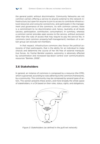 Community Connectivity: Building the Internet from Scratch68
the general public without discrimination. Community Networks are not
common carriers offering a service to anyone external to the network in-
frastructure, but open for anyone to join to access to contribute infrastruc-
tural resources and consume connectivity, and participate in the manage-
ment and governance of the commons. As with common carriers, there
is a commitment to no discrimination and, hence, neutrality at all levels
(access, participation, contribution, consumption). In summary, whereas
a common carrier provides open access to the service, without exclusion
other than the rules of access that may require to pay the service fee, in
commons (and common property/self-management) members of a cer-
tain group can exclude non-members.
In that respect, infrastructure commons also favour the political au-
tonomy of their participants, that is the ability for an individual to make
choices and determine the course of her life free of external manipula-
tive forces. As Yochai Benkler explains, autonomy is adversely affected
by concentration and increased top-down control over communications
resources “Benkler, 2006”.
3.6 Stakeholders
In general, an instance of commons is composed by a resource (the CPR),
which is governed, according to rules adhering to the commons frameworks,
by a community. This community may be composed by several types of ac-
tors. This section presents these actors, and more broadly the whole space
of stakeholders, in a CN based on their roles, status, rights, and obligations.
Figure 3: Stakeholders (as defined in the guifi.net network).
 