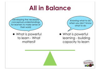 All in Balance
  Developing the necessary            Knowing what to do
 conceptual understandings            when you don’t know
for learners to make sense of             what to do
          their world


• What is powerful              • What is powerful
      to learn - What             learning - building
          matters?                capacity to learn
 
