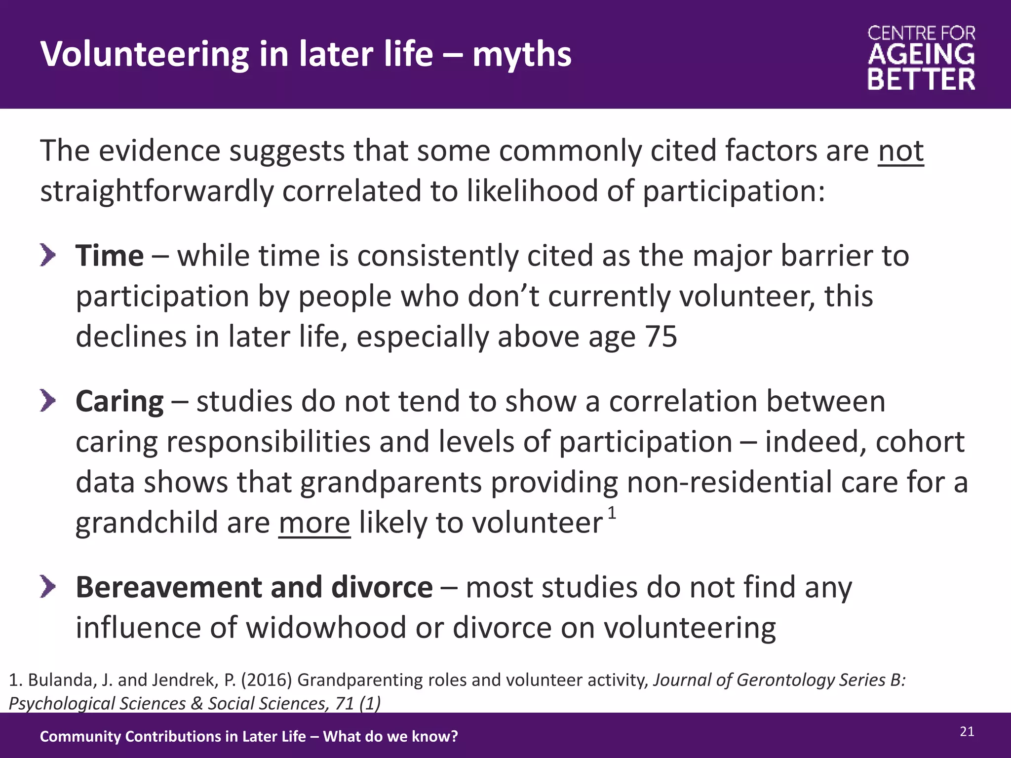 Volunteering in later life – myths
21Community Contributions in Later Life – What do we know?
The evidence suggests that some commonly cited factors are not
straightforwardly correlated to likelihood of participation:
Time – while time is consistently cited as the major barrier to
participation by people who don’t currently volunteer, this
declines in later life, especially above age 75
Caring – studies do not tend to show a correlation between
caring responsibilities and levels of participation – indeed, cohort
data shows that grandparents providing non-residential care for a
grandchild are more likely to volunteer
Bereavement and divorce – most studies do not find any
influence of widowhood or divorce on volunteering
1. Bulanda, J. and Jendrek, P. (2016) Grandparenting roles and volunteer activity, Journal of Gerontology Series B:
Psychological Sciences & Social Sciences, 71 (1)
1
 