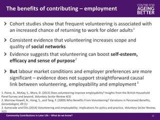 The benefits of contributing – employment
11Community Contributions in Later Life – What do we know?
1. Paine, A., McKay, S., Moro, D. (2013) Does volunteering improve employability? Insights from the British Household
Panel Survey and beyond, Voluntary Sector Review 4(3)
2. Morrow-Howell, N., Hong, S., and Tang, F. (2009) Who Benefits From Volunteering? Variations in Perceived Benefits,
Gerontologist, 49 (1)
3. Kamerade and Ellis (2014) Volunteering and employability: implications for policy and practice, Voluntary Sector Review,
5(2)
Cohort studies show that frequent volunteering is associated with
an increased chance of returning to work for older adults1
Consistent evidence that volunteering increases scope and
quality of social networks
Evidence suggests that volunteering can boost self-esteem,
efficacy and sense of purpose2
But labour market conditions and employer preferences are more
significant – evidence does not support straightforward causal
link between volunteering, employability and employment3
 