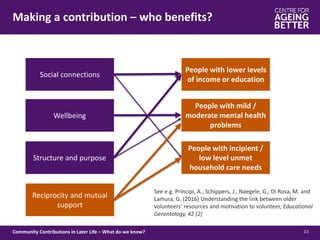 Making a contribution – who benefits?
13Community Contributions in Later Life – What do we know?
Structure and purpose
Social connections
Wellbeing
People with lower levels
of income or education
People with mild /
moderate mental health
problems
People with incipient /
low level unmet
household care needs
Reciprocity and mutual
support
See e.g. Principi, A., Schippers, J., Naegele, G., Di Rosa, M. and
Lamura, G. (2016) Understanding the link between older
volunteers’ resources and motivation to volunteer, Educational
Gerontology, 42 (2)
 