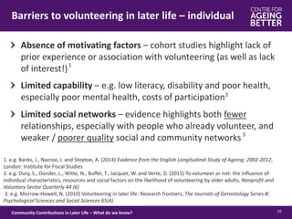 Limited capability – e.g. low literacy, disability and poor health,
especially poor mental health, costs of participation
Barriers to volunteering in later life – individual
19Community Contributions in Later Life – What do we know?
1. e.g. Banks, J., Nazroo, J. and Steptoe, A. (2014) Evidence from the English Longitudinal Study of Ageing: 2002-2012,
London: Institute for Fiscal Studies
2. e.g. Dury, S., Donder, L., Witte, N., Buffel, T., Jacquet, W. and Verte, D. (2015) To volunteer or not: the influence of
individual characteristics, resources and social factors on the likelihood of volunteering by older adults, Nonprofit and
Voluntary Sector Quarterly 44 (6)
3. e.g. Morrow-Howell, N. (2010) Volunteering in later life: Research frontiers, The Journals of Gerontology Series B:
Psychological Sciences and Social Sciences 65(4)
2
1
Absence of motivating factors – cohort studies highlight lack of
prior experience or association with volunteering (as well as lack
of interest!)
Limited social networks – evidence highlights both fewer
relationships, especially with people who already volunteer, and
weaker / poorer quality social and community networks3
 