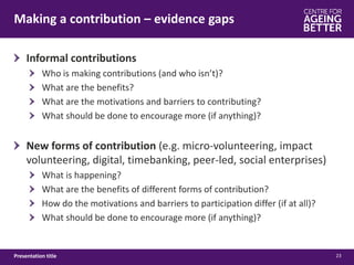 Making a contribution – evidence gaps
23Presentation title
Informal contributions
Who is making contributions (and who isn’t)?
What are the benefits?
What are the motivations and barriers to contributing?
What should be done to encourage more (if anything)?
New forms of contribution (e.g. micro-volunteering, impact
volunteering, digital, timebanking, peer-led, social enterprises)
What is happening?
What are the benefits of different forms of contribution?
How do the motivations and barriers to participation differ (if at all)?
What should be done to encourage more (if anything)?
 