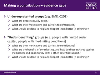 Making a contribution – evidence gaps
24Presentation title
Under-represented groups (e.g. BME, C2DE)
What are people actually doing?
What are their motivations and barriers to contributing?
What should be done to help and support them better (if anything)?
“Under-benefiting” groups (e.g. people with limited social
capital, people with life-limiting conditions)
What are their motivations and barriers to contributing?
What are the benefits of contributing, and how do these stack up against
the barriers and opportunity costs / other potential support?
What should be done to help and support them better (if anything)?
 