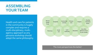 ASSEMBLING
YOURTEAM
Health and care for patients
in the community is hugely
complex and requires a
multi-disciplinary, multi-
agency approach so any
persona workshop should
adopt the same philosophy.
The more perspectives the better!
 