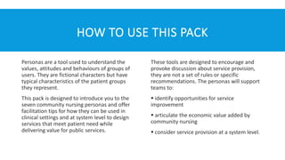 HOW TO USE THIS PACK
Personas are a tool used to understand the
values, attitudes and behaviours of groups of
users. They are fictional characters but have
typical characteristics of the patient groups
they represent.
This pack is designed to introduce you to the
seven community nursing personas and offer
facilitation tips for how they can be used in
clinical settings and at system level to design
services that meet patient need while
delivering value for public services.
These tools are designed to encourage and
provoke discussion about service provision,
they are not a set of rules or specific
recommendations. The personas will support
teams to:
▪ identify opportunities for service
improvement
▪ articulate the economic value added by
community nursing
▪ consider service provision at a system level.
 